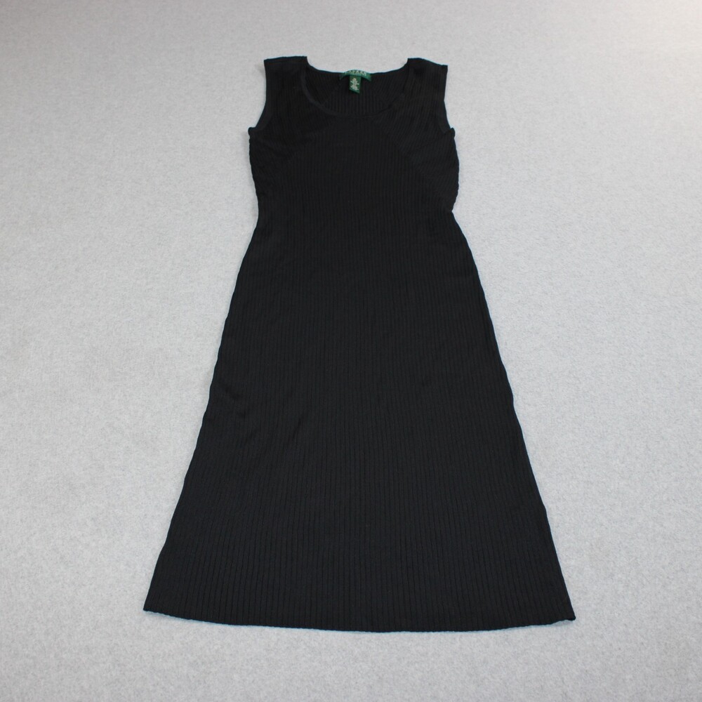 Lauren Ralph Dress Womens Small Petite Black Ribbed Bodycon Midi Stretchy Office